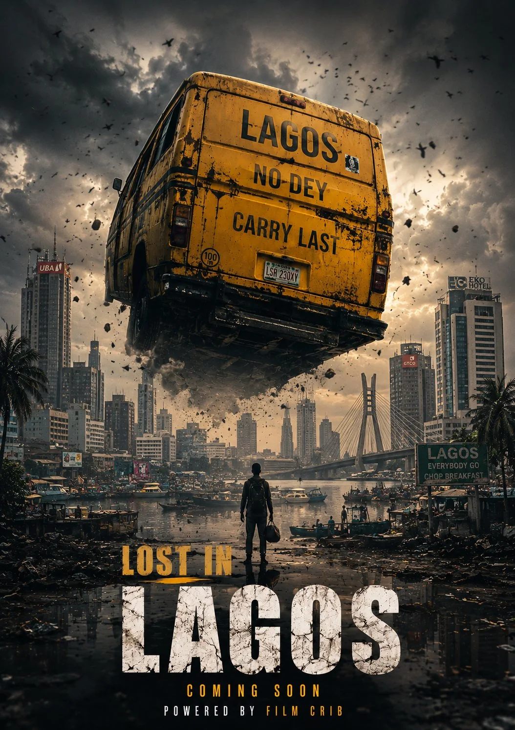Lost in Lagos key art, version A: a battered yellow danfo bus flung high above a stormy Lagos skyline as a lone traveller with a backpack watches from the waterfront. Text reads Lost in Lagos, coming soon, powered by Film Crib.